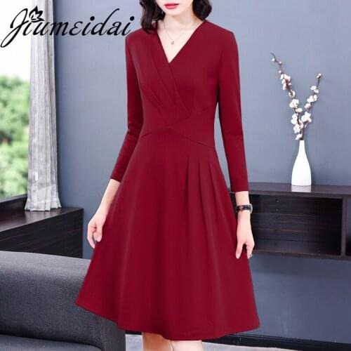 JiuMeiDai 2020 Women V-Neck Sexy Dress Office Lady Elegant Solid A-Line Dresses Female New Fashion Party Clothing Plus Size