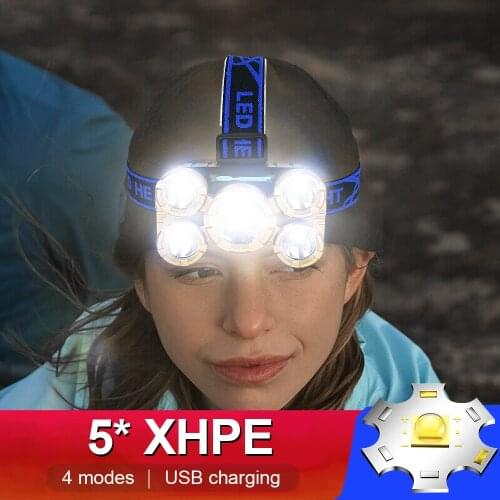 Drop Shipping Super Bright 5 LED Headlamp High Power Headlight 18650 USB Rechargeable Head Flashlight Portable Fishing Head Lamp