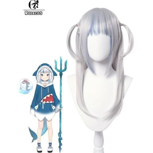 ROLECOS Hololive ENG Cosplay Wig Gawr Gura Cosplay Wig Women Silver 60cm Headwear Halloween Heat Resistant Synthetic Long Hair