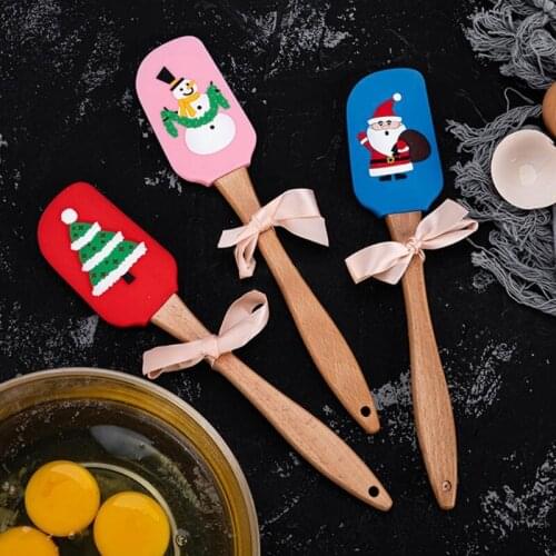 Christmas Spatula Wooden Handle Silicone Cream Scraper Santa Claus Snowman Decor Kitchen Cooking Tools