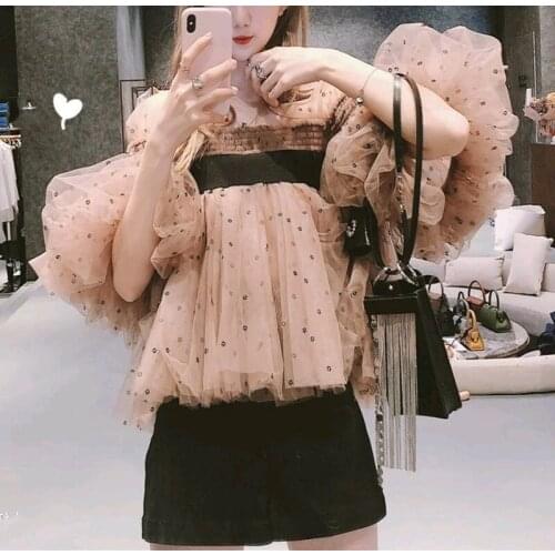 Retro Dot Mesh Puff Sleeve Top Women Blusas Mujer De Moda 2021 Verano Elegantes