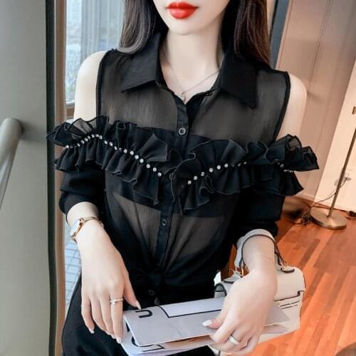 Chiffon blouse clothing 2021 summer new ruffled off-shoulder design sexy long-sleeved beading shirt tops female