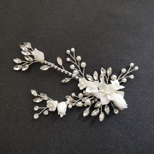 SLBRIDAL Wired Crystal Rhinestone Wedding Ceramic Flower Hair Clip Barrettes Bridal Headdress Hair Accessories Women Jewelry