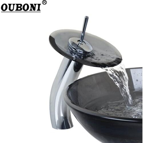 OUBONI Black Glass Chrome Brass Transparent Tempered Glass Waterfall Faucet Glass Bathroom Sink Tap Mixer Faucet