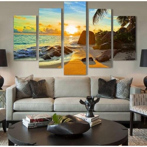 Modern Home Wall Art Decor Frame Modular Canvas Oil Pictures HD Print Painting 5 Panel Ocean Sunset Beach Seascape Poster PENGDA