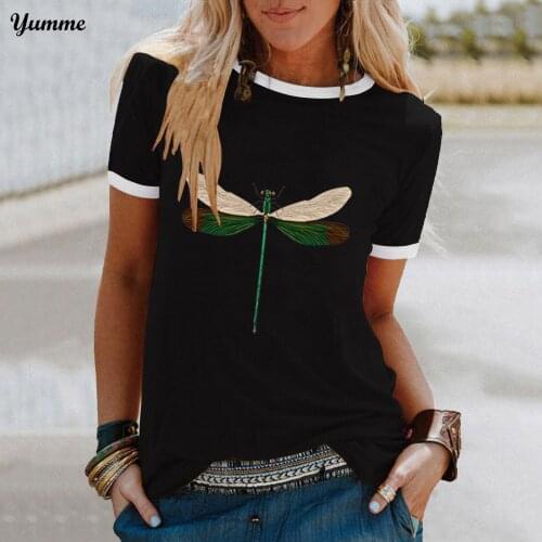 Womens Summer T Shirts Round Neck Dragonfly Print Casual Loose Unique Harajuku T Shirt Female Tees Short Sleeve Tshirts #BL2
