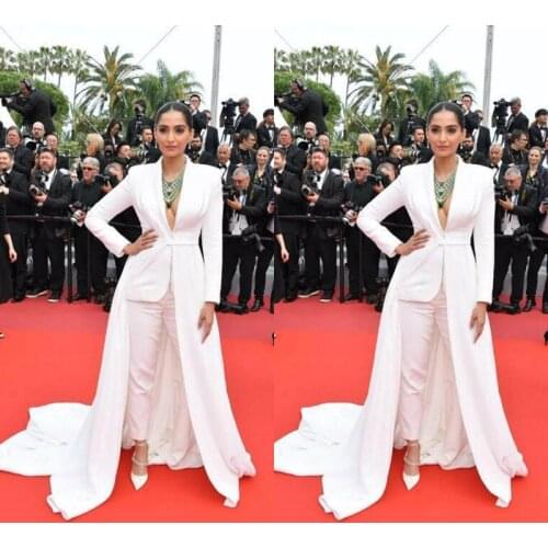 Sexy Jumpsuit Prom Dresses With Train Elegant White Satin Celebrity Red Carpet Long Sleeve Evening Dress African Party Gowns