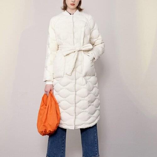 Women Mid-Length Down Jacket Lady Long Sleeve Warm Pockets Outwear Female Top with Sashes 2021 New Winter