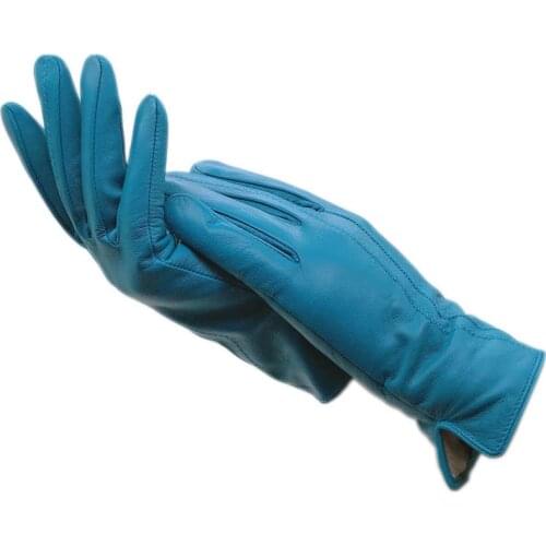 Winter ladies fashion sheepskin gloves blue new warm authentic driving dress motorcycle work riding leather gloves wool lining 2