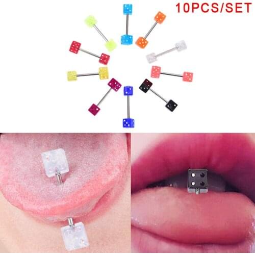 10Pcs/Set Stainless Steel Mixed Dice Tongue Ring Barbell Studs Tongue Piercing Rings Fashion Punk Body Jewelry