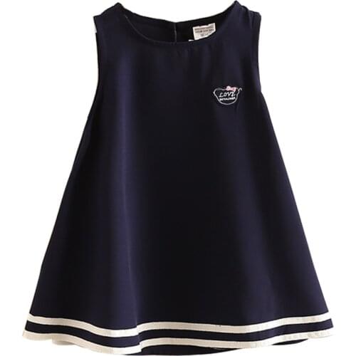 2021 Summer 2 3 4 5 6 7 8 9 10 Years Cotton Embroidery Cartoon Sleeveless Vest Tank Navy Blue Preppy Style Dress For Kids Girls