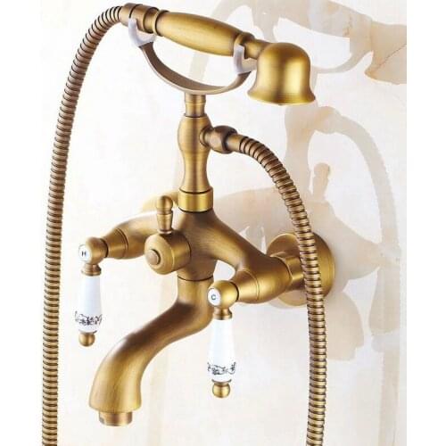 Antique Brass Wall Mounted Bathroom Tub Faucet Dual Ceramics Handles Telephone Style Hand Shower Clawfoot Tub Filler atf313
