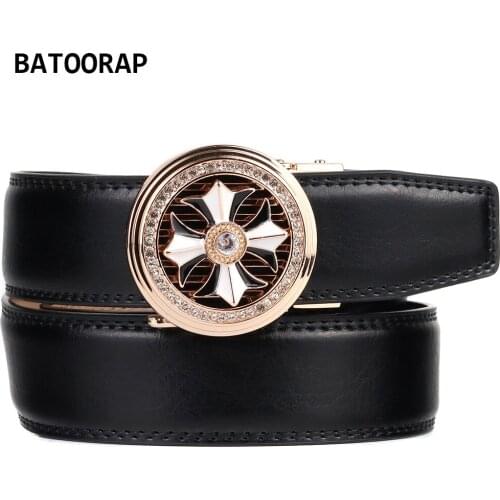 BATOORAP Mens Belts Genuine Leather Round Buckle Automatic Rotated Luxury Designer Belt Black Trouser Waist Straps BA-R068