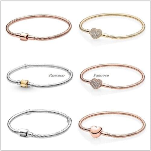 Authentic 925 Sterling Silver Bracelet Moments Barrel Clasp Snake Chain Bangle Fit Bead Charm Diy Fashion Jewelry