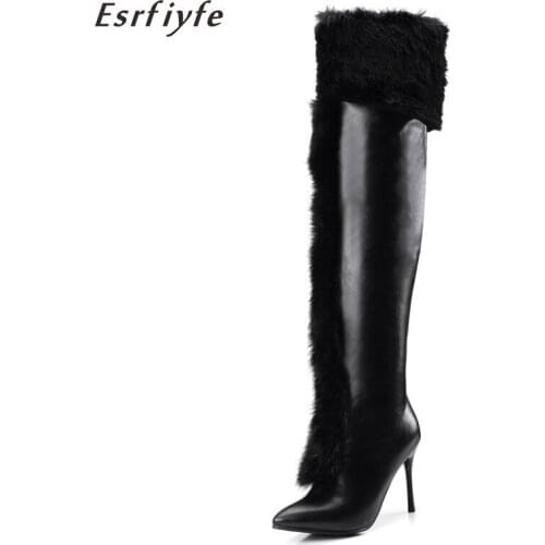 ESRFIYFE 2020 New Fashion Women Over The Knee Boots Pointed Toe Thin High Heels Winter Warm Long Boots PU Leather Ladies Shoes