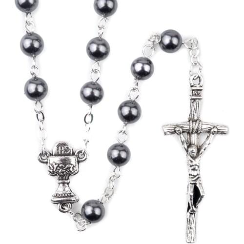 First Communion Catholic Rosaries 6mm White Black Pearl Beads Rosary Holy Cup Cross Necklace