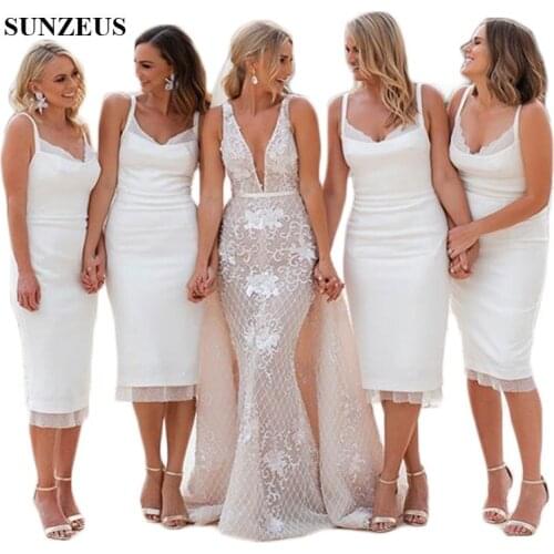 Spaghetti Straps Sheath Short Bridesmaid Dresses White Tea-Length Sweetheart Maid of Honor Dresses Back Slit Party Gowns SBD131