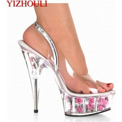 Sweet Elegant 15cm Ultra High Heels Rose Evening Dress Shoes The Transparent Upper And Flowers 6 Inch Platform Crystal Sandals