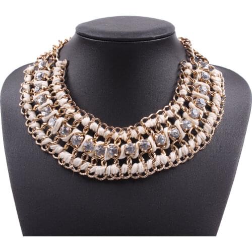 Fashion String Braided Glass Crystal Rhinestone Statement Chunky Necklaces Gold Color Chian Necklace Accessories for Women