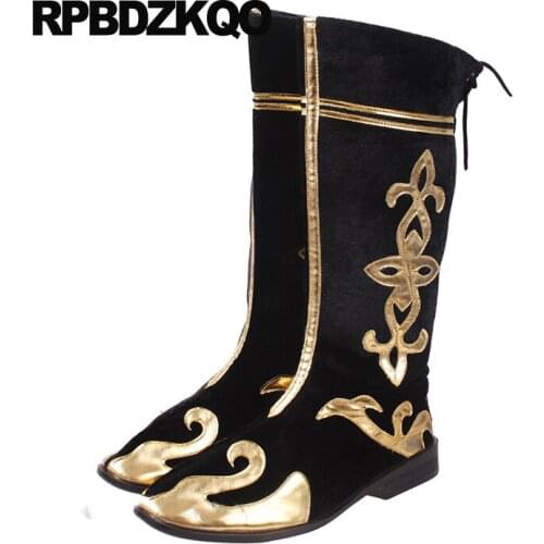 Riding fashion tall black designer lace up square toe embellished velvet pattern boots Mens shoes 2018 cheap runway mid calf