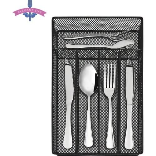 30PCS Cutlery Set Dinner Set Flatware Tableware Silverware with Wire Mesh Holder Storage Trays Drawer Organizer Stainless Stand