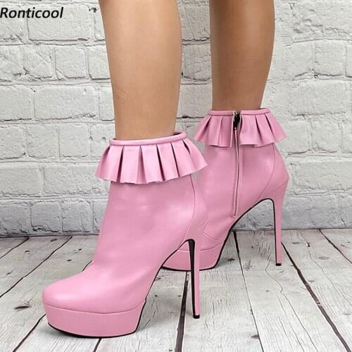 Ronticool New Stylish Women Winter Ankle Boots Waterproof Stiletto Heels Round Toe Pink Black Red Dress Shoes Plus US Size 5-20