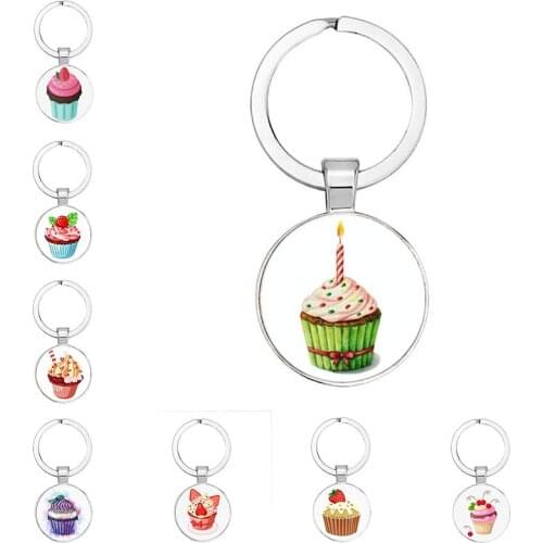 New Cake Cup Keychain Cute Dessert Cup Cabochon Pendant Metal Keychain Daughter Cake Shop Handmade Gifts For Customers
