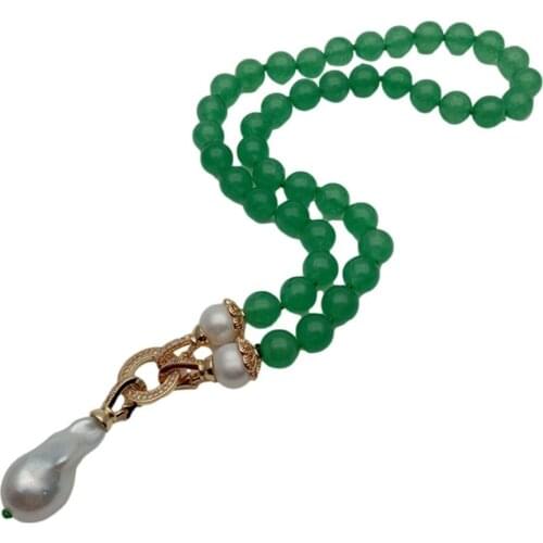 YYGEM Nucleated Flameball Baroque Pearl Pendant Natural Green Round Smooth Aventurine White Pearl Necklace