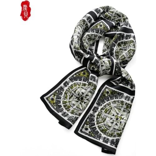 Foulard black compass printing 100% real silk long hair scarves for women hijab headband men scarf bandana ribbon handkerchief