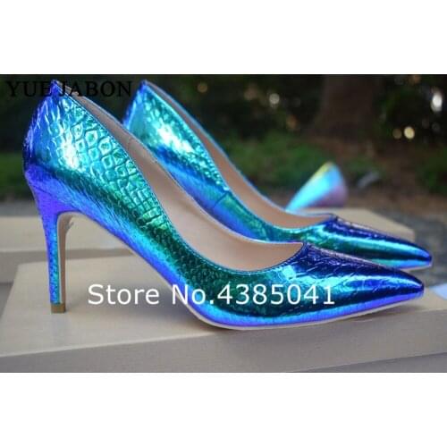 Real photos 8/10/12cm heels Bling Snake Pointed Toe High Heel Pumps Blue Shallow Women Office Dress Shoes Thin Heels Shoes