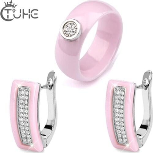 Pink Ceramic Jewelry for Women 2018 Hot 8mm Smooth Ceramic Rings U Shape Stud Earrings Fashion Jewelry Christmas Gift