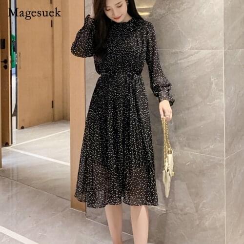 2021 Floral Dress Loose Pleated Party Dresses Mid-calf Chiffon Dress Long Sleeve Dress Women Dresses Autumn and Winter 7151 50