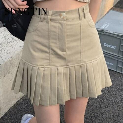 Sungtin Sexy A Line Pleated Harajuku Mini Skirts Women Summer Solid High Waist Folds Skort Skirts Casual Korean Chic Thin Skirt
