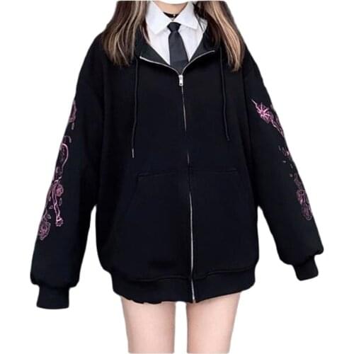 2021 Fashion Korean Version Hoodies Women/Girl Retro Cartoon Print Long Sleeve Loose Vintage Black Zipper Hooded Sweatshirts