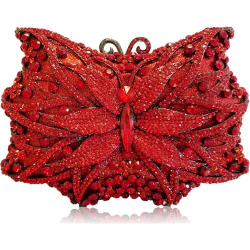 Hollow Out Butterfly Diamond Ladies Red Evening Clutch Bag Golden Crystal Women Clutch Purse Party Handbags Fashion Shoulder Bag