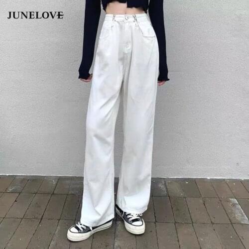 JuneLove High Street Fashion Women White Jeans Pants Straight Loose Denim Jeans Harajuku Summer Casual Pant Female Streetwear
