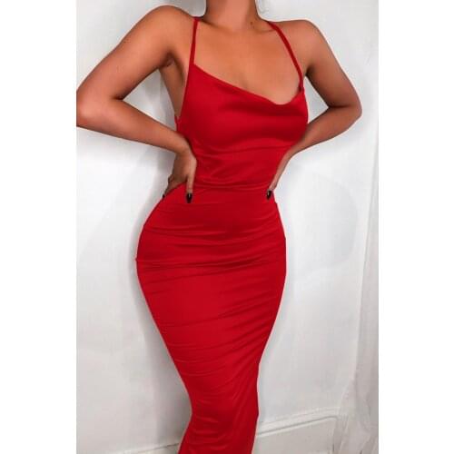 2021 Summer Women Long Dress Satin Sleeveless Bandage Backless Elegant Party Dress Vestidos Sexy Elegant Hollow Out