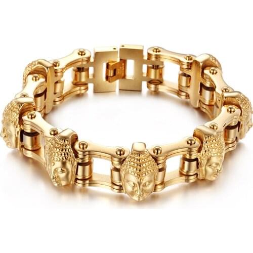 155g Heavy Large 20mm Biker Motorcycle chain Bracelet Stainless Steel figure of Buddha Charms Bangle 8.8'' Gold color