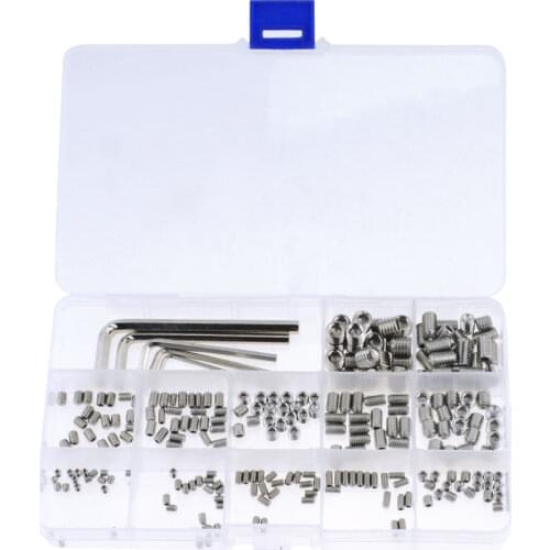 245PCS/BOX Hex Hexagon Socket Set Screw Flat Point Stainless Steel Grub Screw Assortment Kit M3 M4 M5 M6 M8 Headless Set Bolt