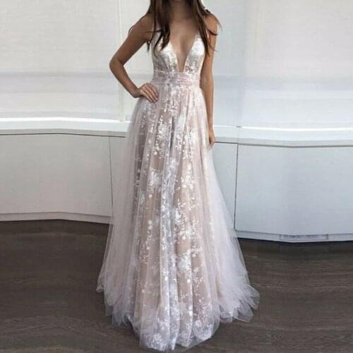 An015 Robe Soiree Gown Pretty Lace Appliques Evening Dress BoHo V-Neck Party Dress Elegant Sexy Back Open Evening Dress