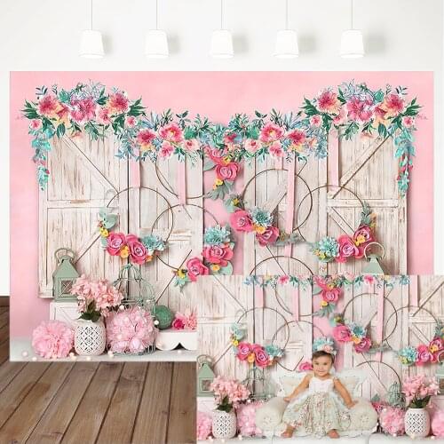 White Wooden Door Garland Background for Photography Pink Flowers Wall Newborn Baby Kids Photography Backdrops For Photo Studio