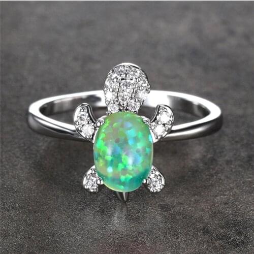 Simple Fashion Small Turtle Ring Dainty Animal Green Opal Stone Ring Vintage Silver Color Wedding Rings For Women Bridal Jewelry