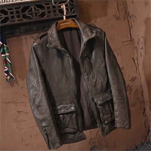 YR!Free shipping.Brand men vintage tanned sheepskin jacket.Brown japan style luxury natural leather coat.quality outdoor cloth