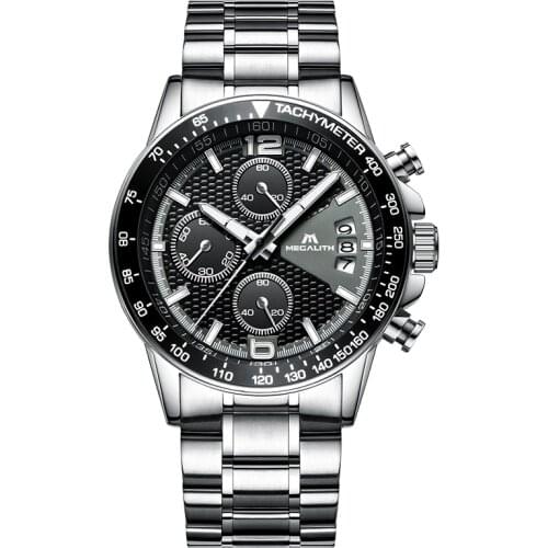 MEGALITH Black Genuine Leather Watches Men Chronograph Waterproof Date Calendar Quartz Relogio Watches Mens Fashion Casual Colck