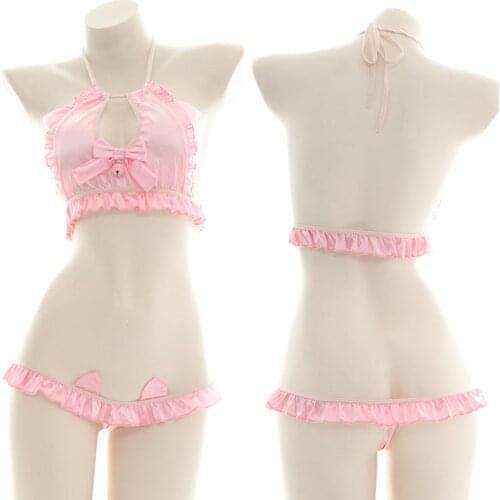 Sweet Pink Open Chest Halter Bowknot Bell Ruffles Pyjamas Bikini Suit Sexy Lolita Girl Private Cosplay Maid Cat Ear Underwear