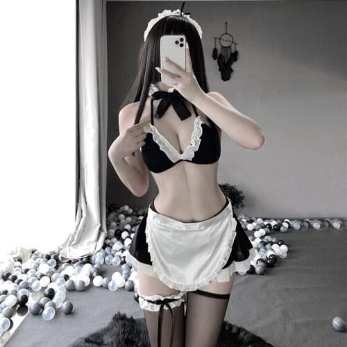 Cute Japanese Maid Outfit Cosplay Lolita Women Sexy Lace Bra Bikini Lingerie Lovely Bow Erotic Apron Servant Temptation Costume