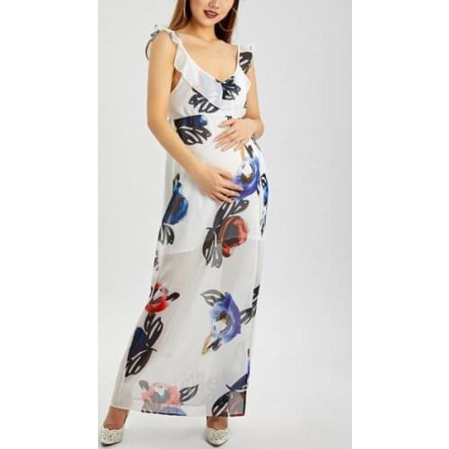Fashion influx new European and American lotus leaf mopping print long skirt chiffon split pregnant women dress female