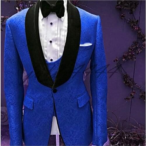 Men Suits Royal Blue and Black Groom Tuxedos Shawl Velvet Lapel Groomsmen Wedding Best Man ( Jacket+Pants+Tie+Vest ) C673