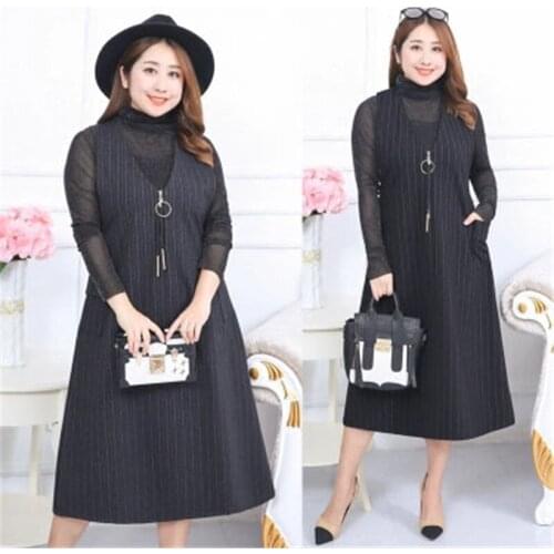 Lovepeapomelo Large Size Womens 2019 New Striped Vest Dress Spring And Autumn Wear Womens T-shirt Vest dress Two-piece 05-1