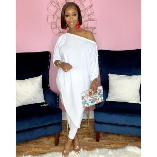 2021 Summer New Style Womens Fashion Solid Color Casual Slanted Shoulder Trousers Two Piece Suit